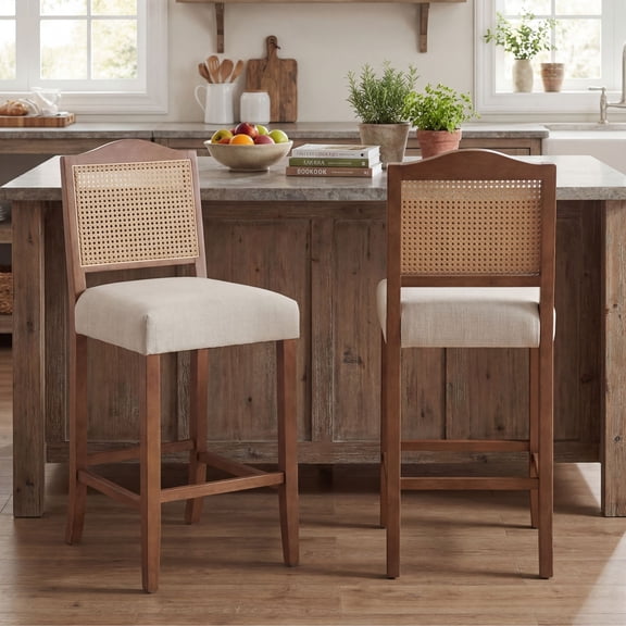 Dayalane Counter Height Bar Stools Set of 2, 30" Farmhouse Wooden Barstools with Rattan Back, Mid Century Modern Linen Upholstered Breakfast Bar Stool Chairs for Bar Kitchen Island Bistro, Beige