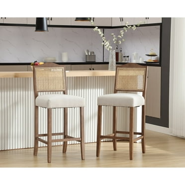 Dayalane Counter Height Bar Stools Set of 2, 30" Farmhouse Wooden Barstools with Rattan Back, Mid Century Modern Linen Upholstered Breakfast Bar Stool Chairs for Bar Kitchen Island Bistro, Beige