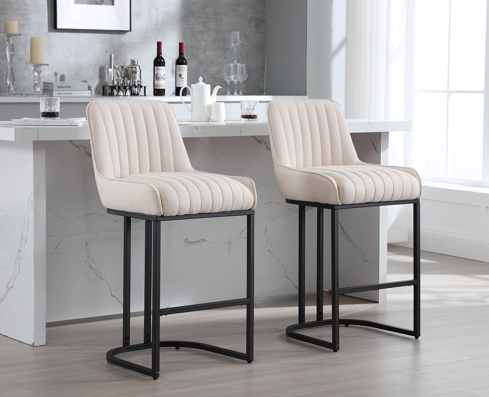 Dayalane Counter Height Bar Stools Set of 2, Linen Upholstered Kitchen