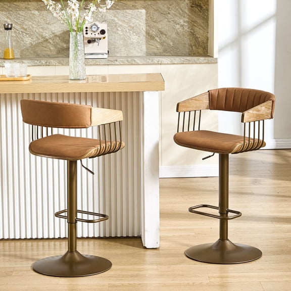 Dayalane Modern Adjustable Height Swivel Bar Stools Set of 2, Barrel Wooden Back BarStools with PU Leather Upholstery, Heavy-Duty Metal Base Counter Stools for Kitchen Island & Pub, Brown