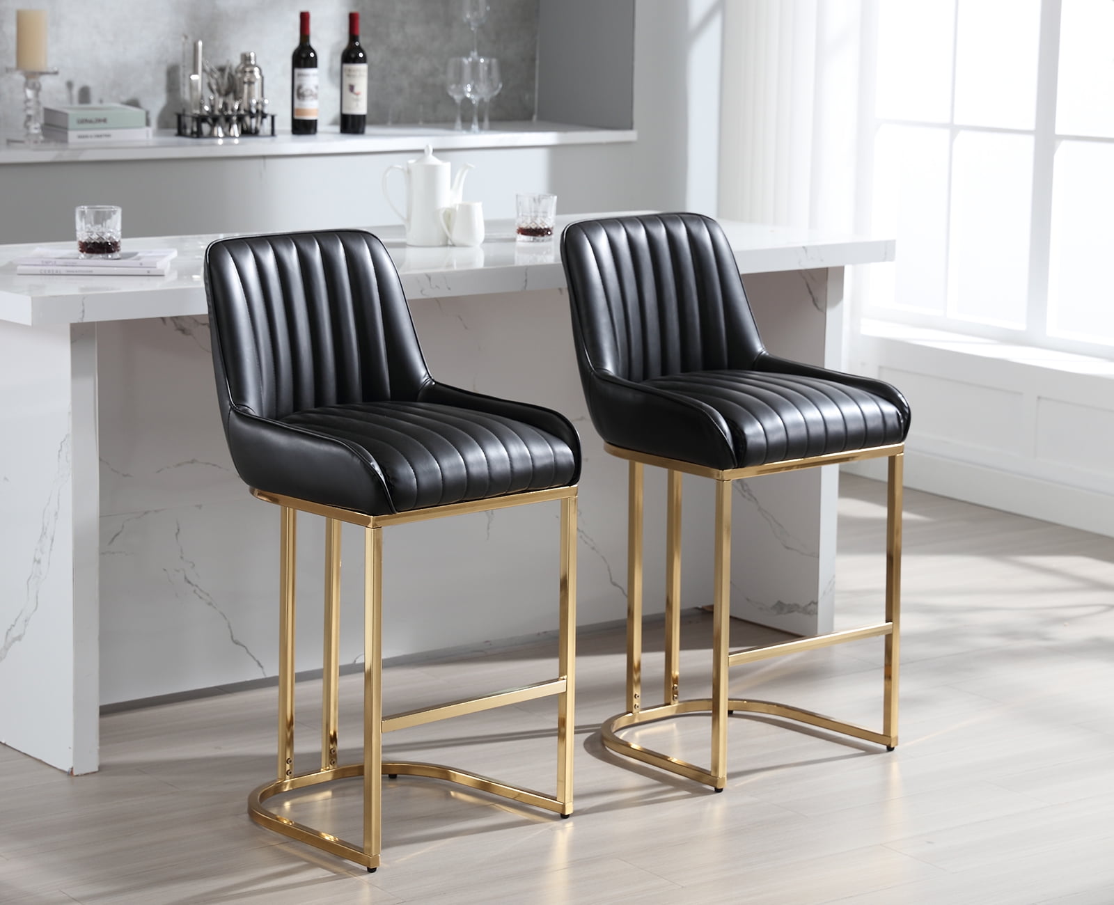 Dayalane Counter Height Bar Stools Set of 2, PU Upholstered Kitchen Barstools with Back and Gold Base, 26 " Modern Elegant Island Chairs for Restaurant Bar Dining Room, Black