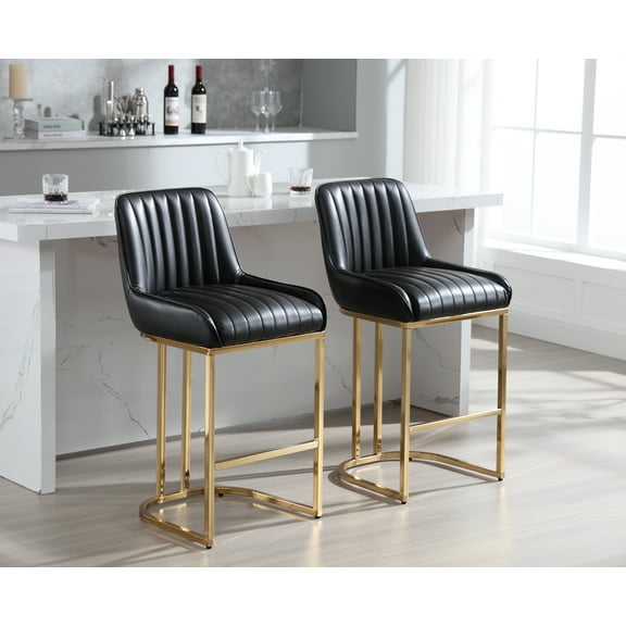 Dayalane Counter Height Bar Stools Set of 2, PU Upholstered Kitchen Barstools with Back and Gold Base, 26 " Modern Elegant Island Chairs for Restaurant Bar Dining Room, Black