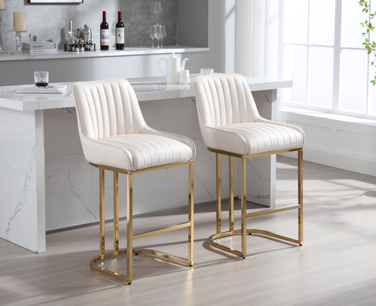 Dayalane Counter Height Bar Stools Set of 2 PU Upholstered Kitchen Barstools with Back and Gold Base 26 Modern Elegant Island Chairs for
