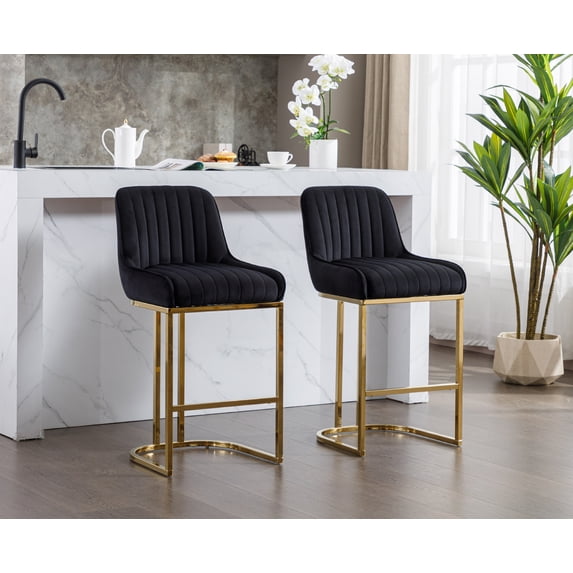 Dayalane Counter Height Bar Stools Set of 2, Velvet Upholstered Kitchen Barstools with Back and Gold Base, 26 " Modern Elegant Island Chairs for Restaurant Bar Dining Room, Black