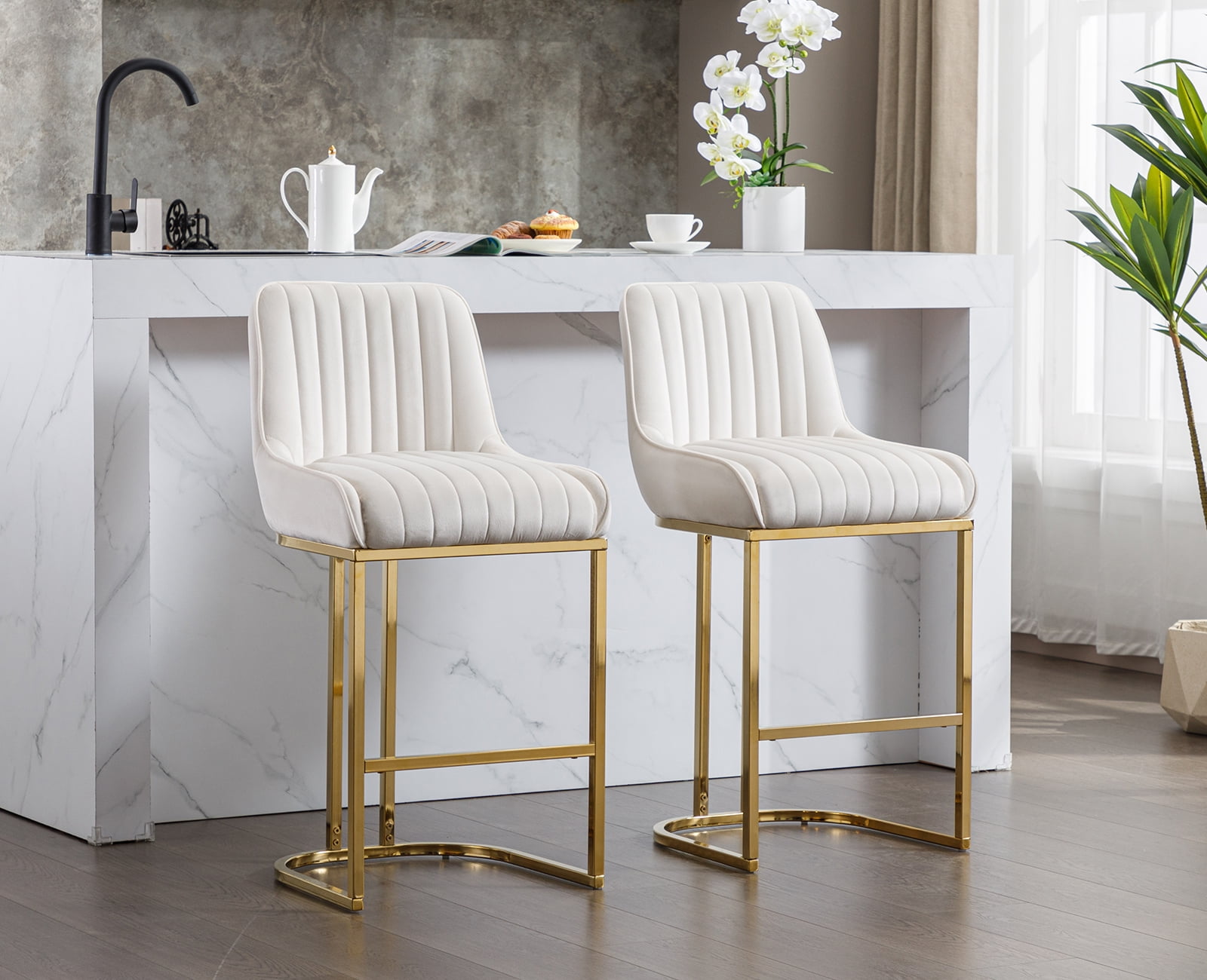 Beige Velvet Upholstered Counter Stools with Gold Metal Base, Set of 2