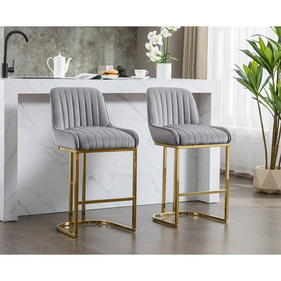 Dayalane Counter Height Bar Stools Set of 2, Velvet Upholstered Kitchen Barstools with Back and Gold Base, 26 " Modern Elegant Island Chairs for Restaurant Bar Dining Room, Grey