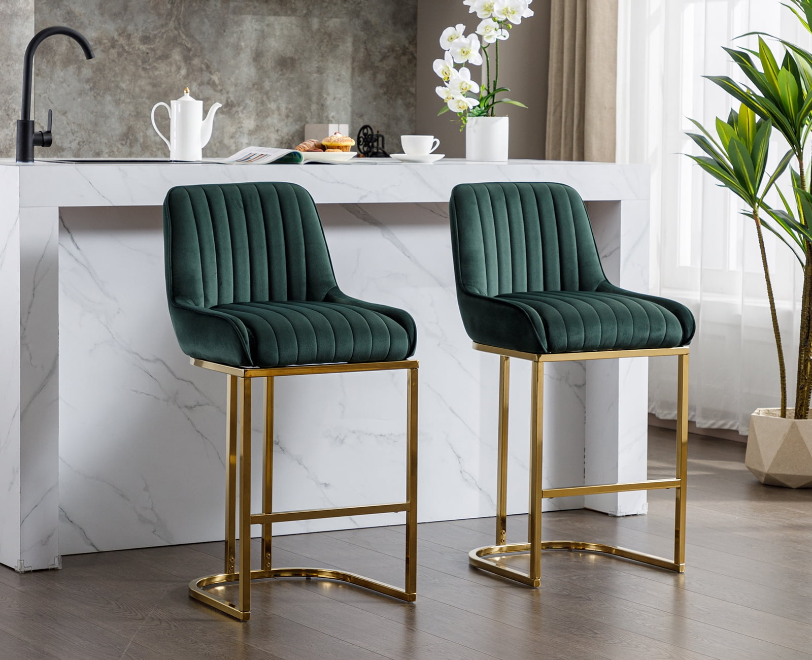 Dayalane Counter Height Bar Stools Set of 2, Velvet Upholstered Kitchen Barstools with Back and Gold Base, 26 " Modern Elegant Island Chairs for Restaurant Bar Dining Room, Green
