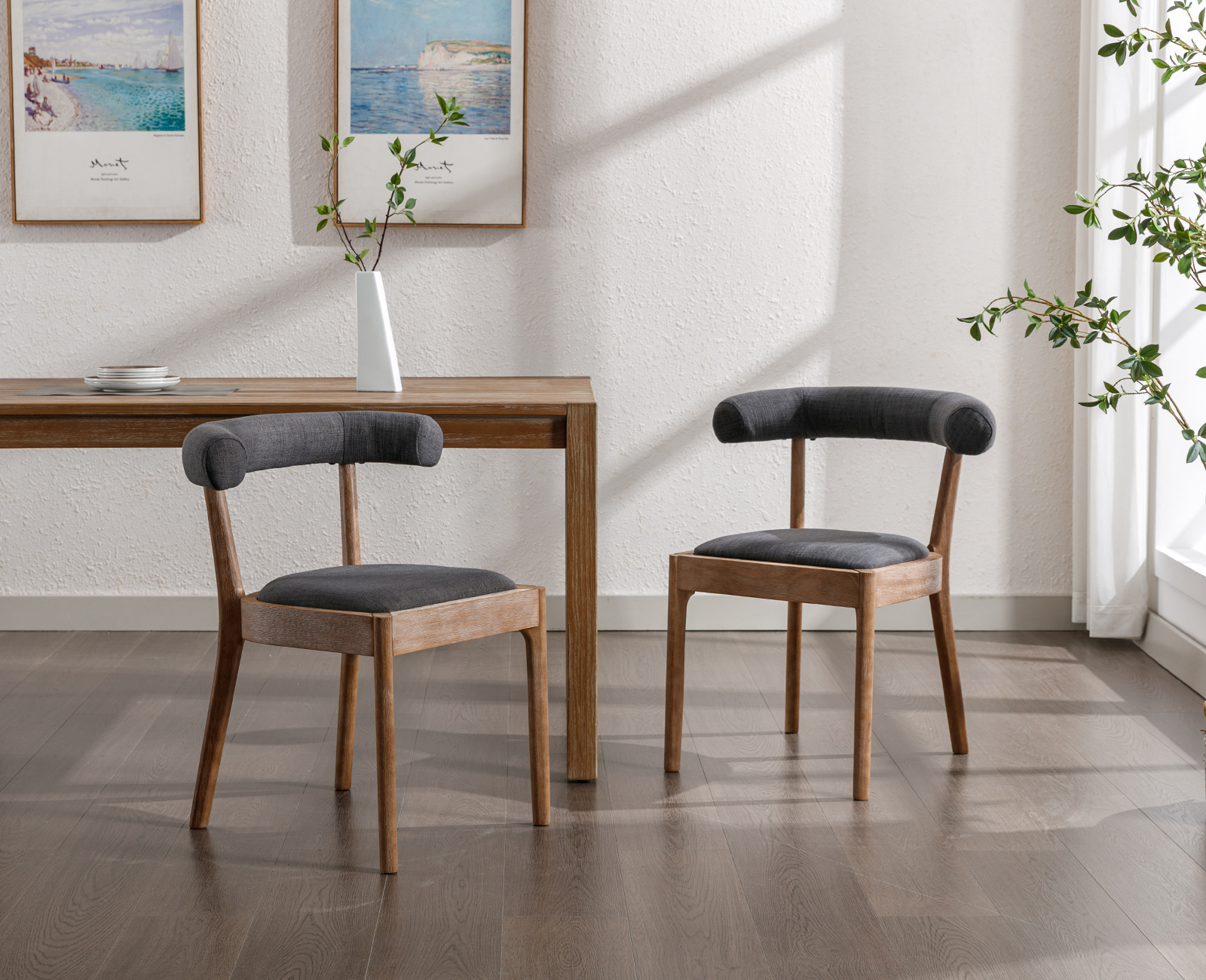 Dayalane Dining Chairs Set of 2 Linen Upholstered Wooden Side Chairs Mid Century Modern Kitchen Chairs Farmhouse Dining Chairs with Open Back for