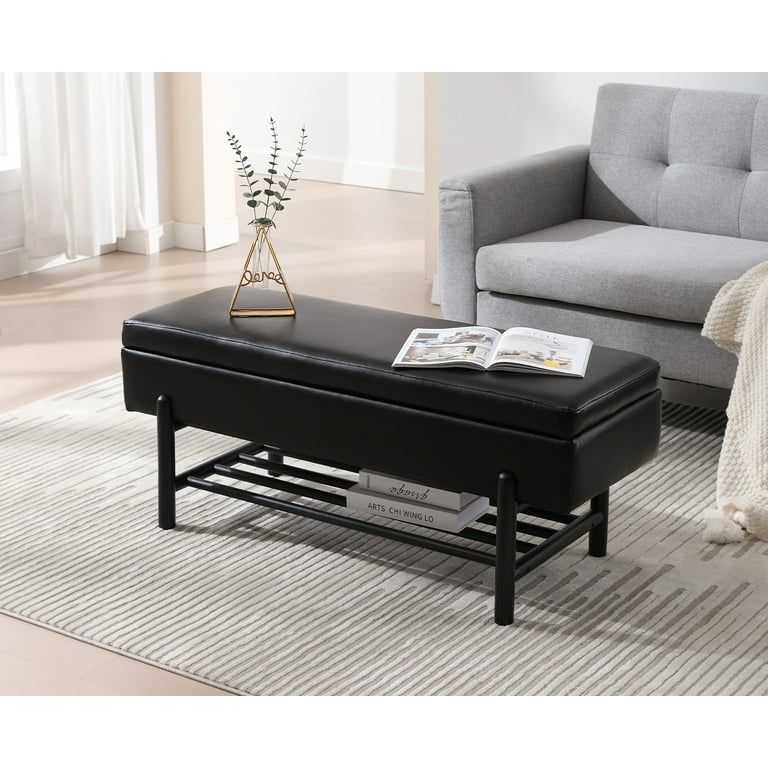 Dayalane Black Upholstered Storage Bench, Wooden Frame, Cushioned