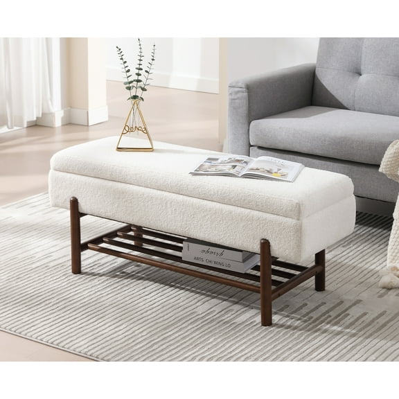 Dayalane Entryway Storage Bench, Sherpa Upholstered End of Bed Ottoman Bench with Wooden Shoe Rack, Modern Long Bench for Bedroom Living Room Hallway Foyer, White