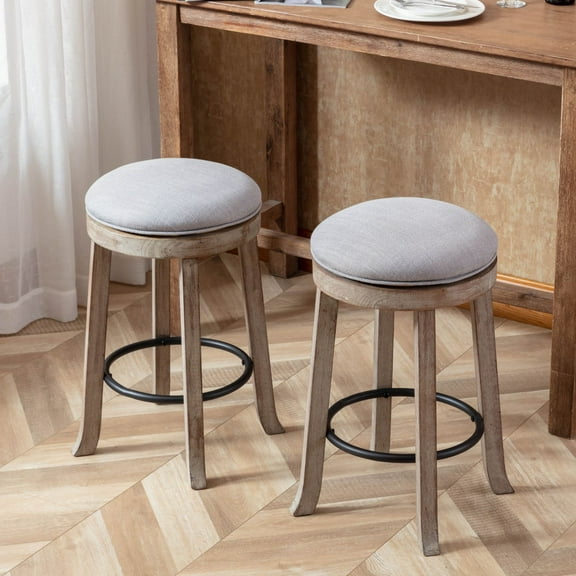 Dayalane Farmhouse 360° Swivel Bar Stools Set of 2, 25.6" Counter Height Round Linen Barstools with Wood Legs and Footrest, Backless Kitchen Island Chairs for Dining Room, Pub, Coffee Bar,Grey
