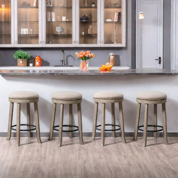 Dayalane Farmhouse 360° Swivel Bar Stools Set of 4, 25.6" Counter Height Round Linen Barstools with Wood Legs and Footrest, Backless Kitchen Island Chairs for Dining Room, Pub, Coffee Bar,Beige