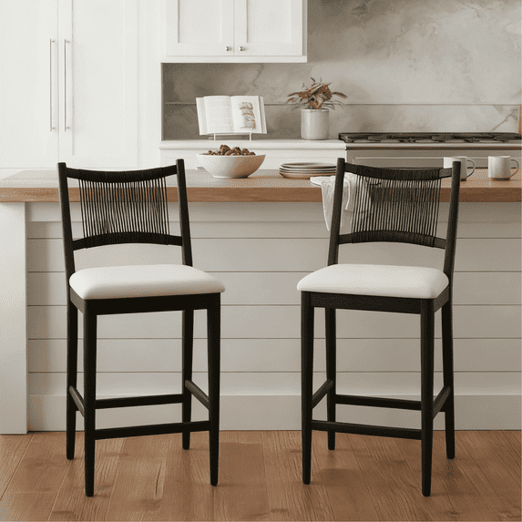 Dayalane Farmhouse Bar Stools Set of 2, 25.5" Counter Height Bar Stools with Paper Cord Woven Back and Solid Wood Frame, Chenille Upholstered Kitchen Island Chairs for Dining Room Home Bar, Black
