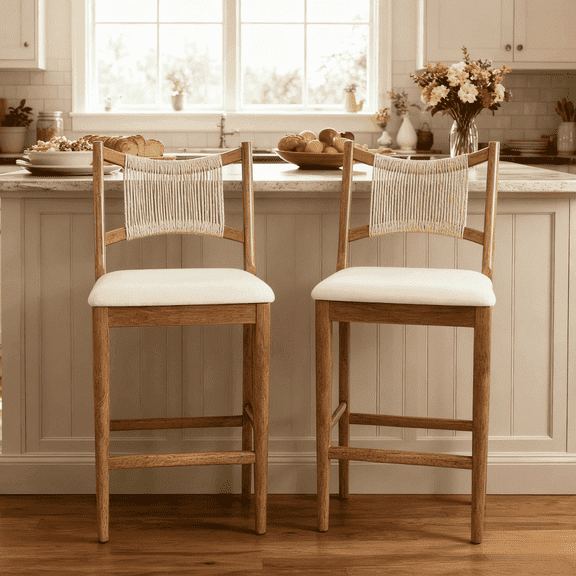 Dayalane Farmhouse Bar Stools Set of 2, 25.5" Counter Height Bar Stools with Paper Cord Woven Back and Solid Wood Frame, Chenille Upholstered Kitchen Island Chairs for Bar Restaurant Kitchen, Beige