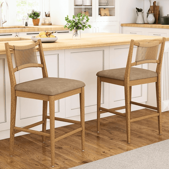 Dayalane Farmhouse Bar Stools Set of 2, 25.5" Counter Height Bar Stools with Paper Cord Woven Back Solid Wood Frame, PU Leather Upholstered Kitchen Island Chairs for Dining Room Home Bar, Brown