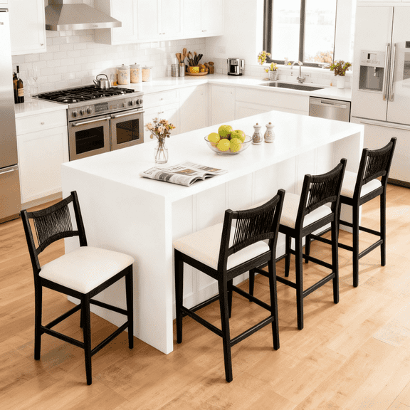 Dayalane Farmhouse Bar Stools Set of 4, 25.5" Counter Height Bar Stools with Paper Cord Woven Back and Solid Wood Frame, Chenille Upholstered Kitchen Island Chairs for Dining Room Home Bar, Black