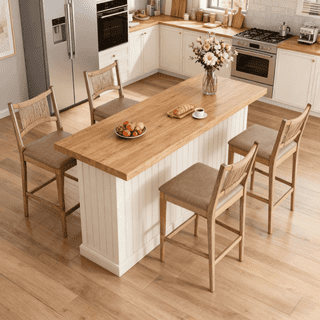Dayalane Farmhouse Bar Stools Set of 4, 25.5" Counter Height Bar Stools with Paper Cord Woven Back Solid Wood Frame, PU Leather Upholstered Kitchen Island Chairs for Dining Room Home Bar, Brown