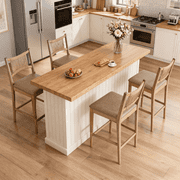 Dayalane Farmhouse Bar Stools Set of 4, 25.5" Counter Height Bar Stools with Paper Cord Woven Back Solid Wood Frame, PU Leather Upholstered Kitchen Island Chairs for Dining Room Home Bar, Brown
