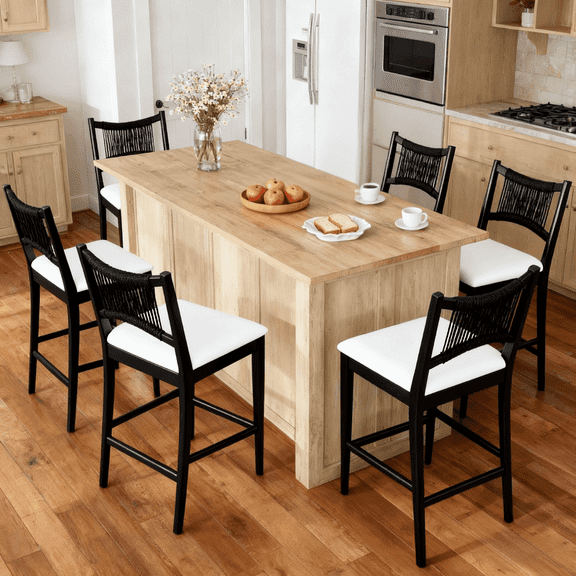 Dayalane Farmhouse Bar Stools Set of 6, 25.5" Counter Height Bar Stools with Paper Cord Woven Back and Solid Wood Frame, Chenille Upholstered Kitchen Island Chairs for Dining Room Home Bar, Black