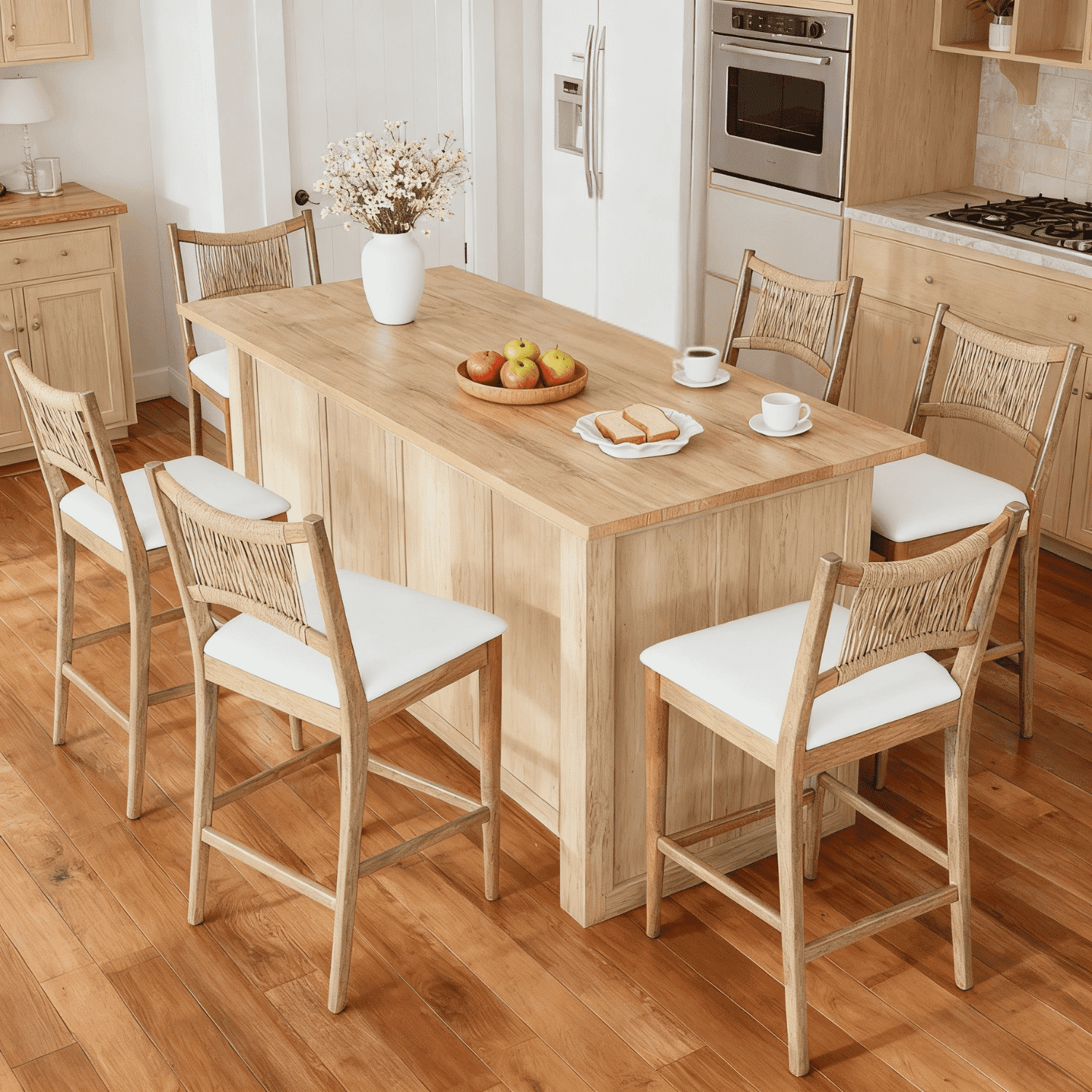 Dayalane Farmhouse Bar Stools Set of 6, 25.5" Counter Height Bar Stools with Paper Cord Woven Back and Solid Wood Frame, Chenille Upholstered Kitchen Island Chairs for Bar Restaurant Kitchen, Beige