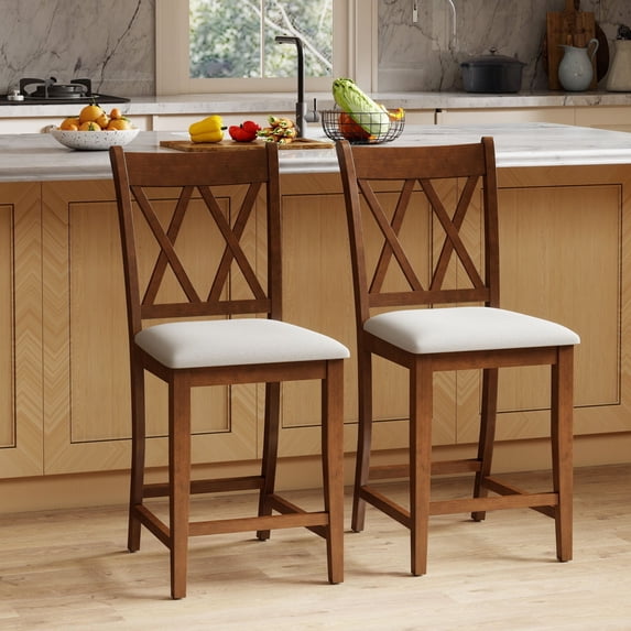 Dayalane Farmhouse Bar Stools Set of 2, 24" X Back Wood Upholstered Counter Height Barstools for Kitchen Island, Cafe&Bistro, Pub, Dining Room,