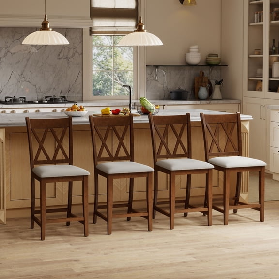 Dayalane Farmhouse Bar Stools Set of 4, 24" X Back Wood Upholstered Counter Height Barstools for Kitchen Island, Cafe&Bistro, Pub, Dining Room,