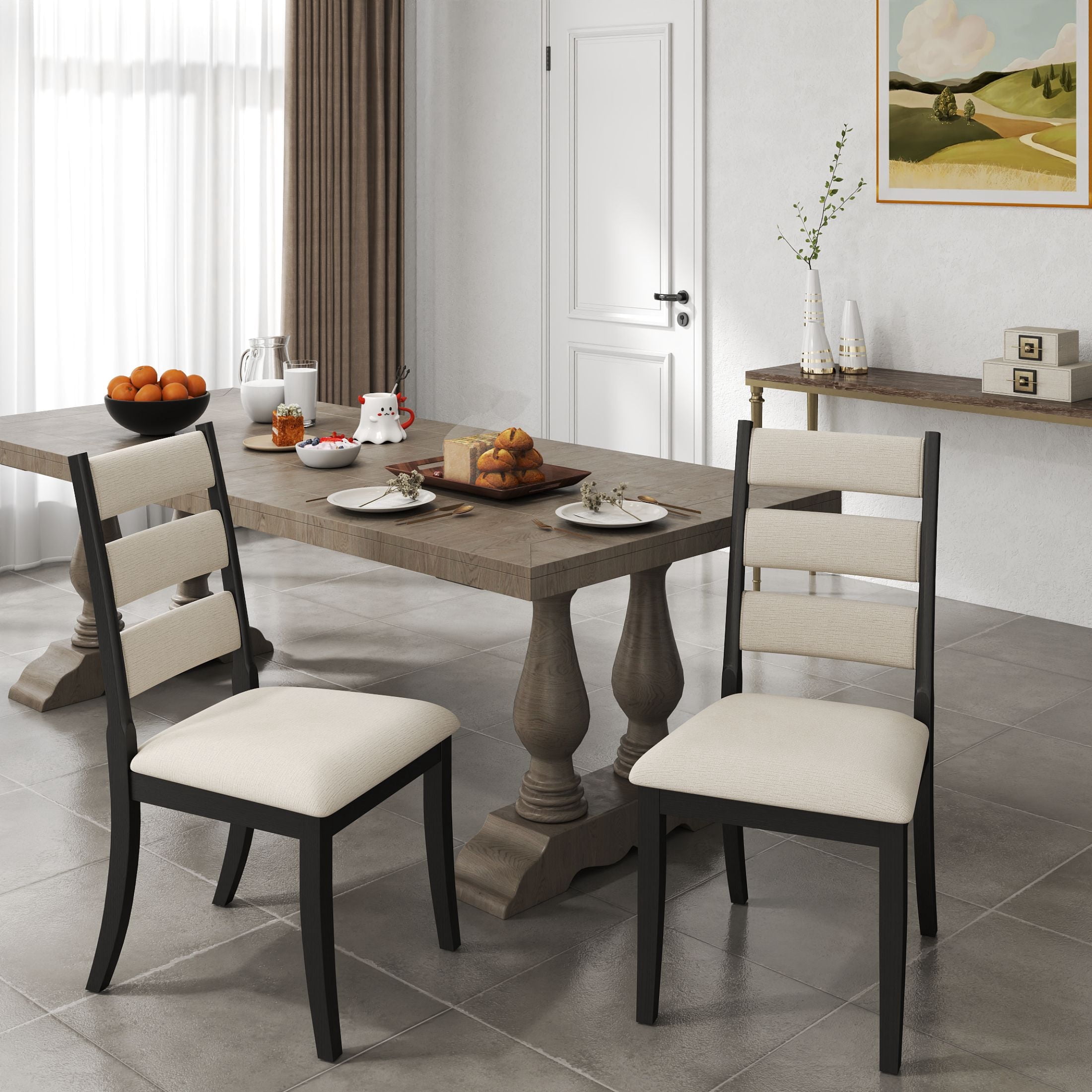 Dayalane Farmhouse Dining Chair Set of 2, Ladder High Back Kitchen Chairs with Upholstered Cushioned Seat for Dining Room, Kitchen Side Chairs Living Room, Restaurant, Beige