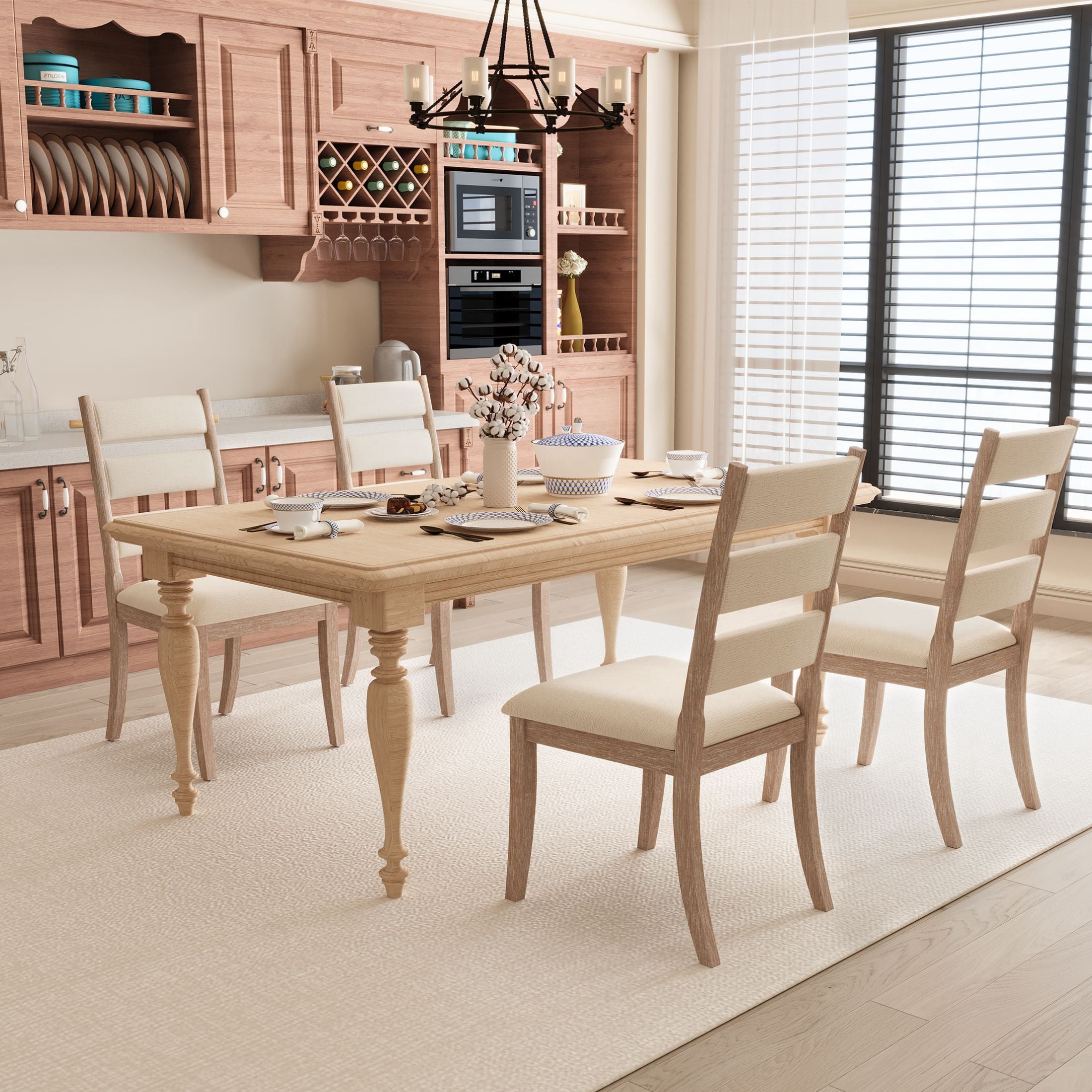 Dayalane Farmhouse Dining Chair Set of 4, Ladder High Back Kitchen Chairs with Upholstered Cushioned Seat for Dining Room, Kitchen Side Chairs Living Room, Restaurant, Beige