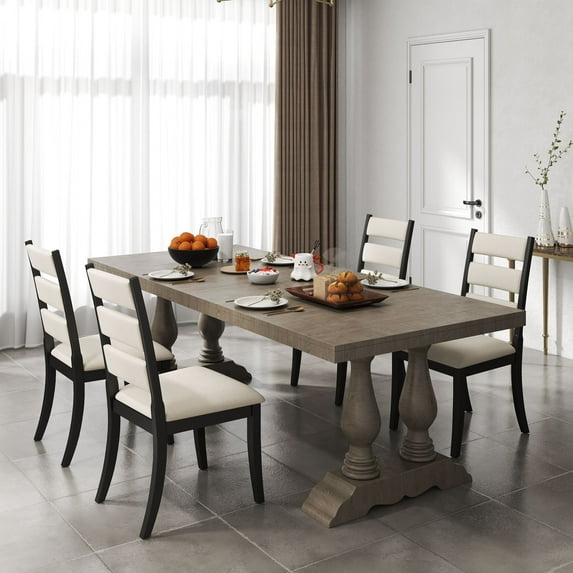 Dayalane Farmhouse Dining Chair Set of 4, Ladder High Back Kitchen Chairs with Upholstered Cushioned Seat for Dining Room, Kitchen Side Chairs Living Room, Restaurant, Beige