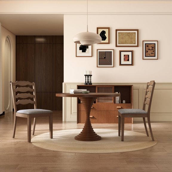 Dayalane Farmhouse Dining Chairs Set of 2, Ladder Back Solid Wood Kitchen Chairs with Walnut Finish Upholstered Rustic Side Chairs for Dining Room, Restaurant, Living Room, Grey