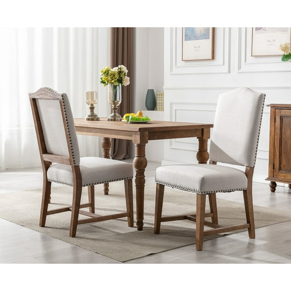 Dayalane Farmhouse Dining Chairs Set of 2, Mid Century Modern Dining Room Chairs with High Back and Nailhead Trim, Linen Upholstered Wooden Kitchen Chairs Parson Chairs for Dining Room Kitchen, Beige