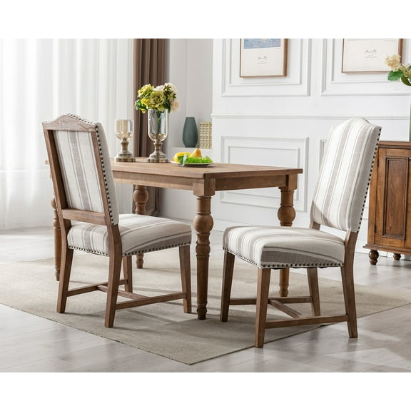 Dayalane Farmhouse Dining Chairs Set of 2, Mid Century Modern Dining Room Chairs with High Back and Nailhead Trim, Linen Upholstered Wooden Kitchen Chairs Parson Chairs for Dining Room Kitchen, Stripe