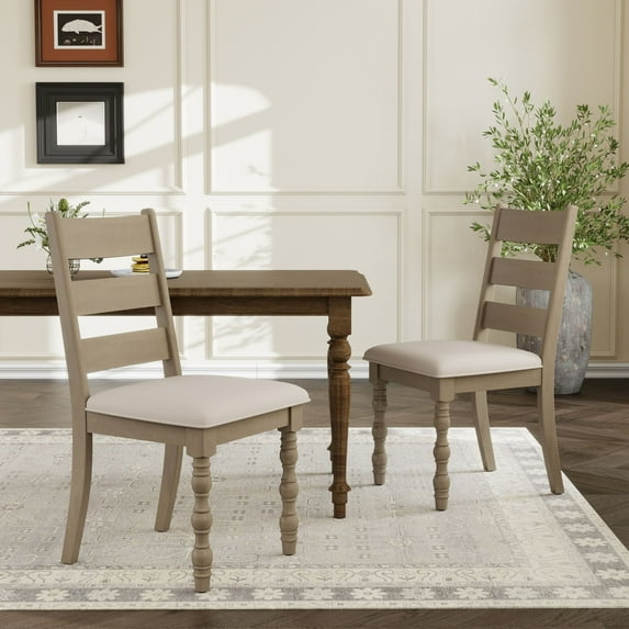 Dayalane Farmhouse Dining Chairs Set of 2, Upholstered Ladder Back Solid Wood Kitchen Chairs with Roman Column Legs for Dining Room, Restaurant, Chenille, Beige