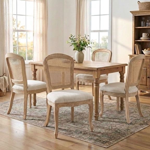 Dayalane Farmhouse Dining Chairs Set of 4, Armless Square Rattan Back Linen Fabric Upholstered Kitchen Chairs, Natural Curved Leg & Solid Wood Frame Accent Chairs for Dining Living Room, White