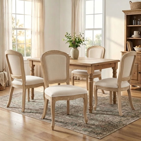 Dayalane Farmhouse Dining Chairs Set of 4, Armless Square Solid Back Linen Fabric Upholstered Kitchen Chairs, Natural Curved Leg & Solid Wood Frame Accent Chairs for Dining Living Room, White