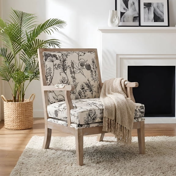 Dayalane Farmhouse Floral Accent Chair, Linen Upholstered Reading Chair with Removable Cushion for Bedroom, Solid Wood Frame Lounge Armchair for Living Room Reception Room, Floral Pattern