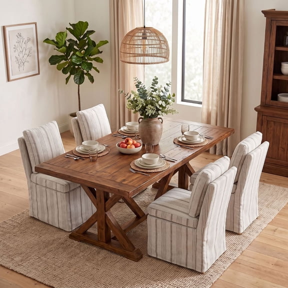 Dayalane Farmhouse Parsons Removable Slipcover Dining Chairs Set of 4, Modern Linen Upholstered Kitchen Chairs with Solid Wood Legs, Armless Side Chair for Dining Reading Living Banquet, Khaki Stripe