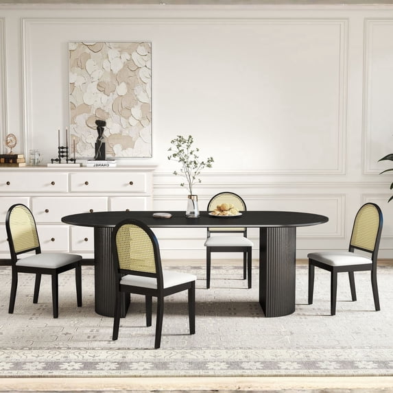 Dayalane Farmhouse Rattan Backrest Dining Chairs Set of 4, Modern Off-white Velvet Upholstered Kitchen Chairs Solid Wood Side Chairs for Kitchen Dining Room Living Room, Black