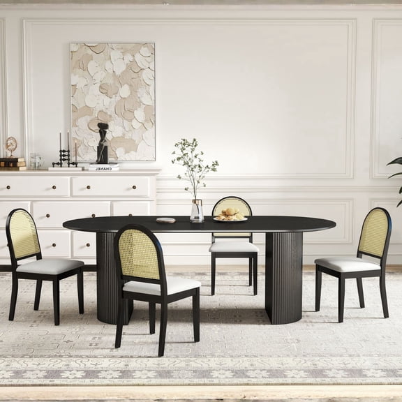 Dayalane Farmhouse Rattan Backrest Dining Chairs Set of 4, Modern Off-white Velvet Upholstered Kitchen Chairs Solid Wood Side Chairs for Kitchen Dining Room Living Room, Black