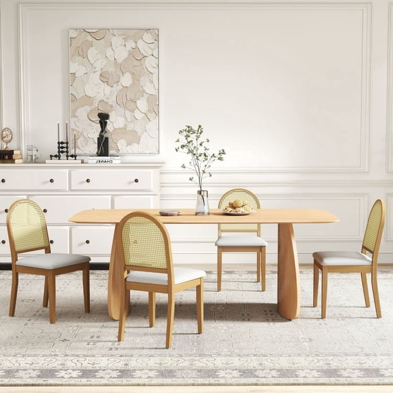 Dayalane Farmhouse Rattan Backrest Dining Chairs Set of 4, Modern Off-white Velvet Upholstered Kitchen Chairs Solid Wood Side Chairs for Kitchen Dining Room Living Room, Nature