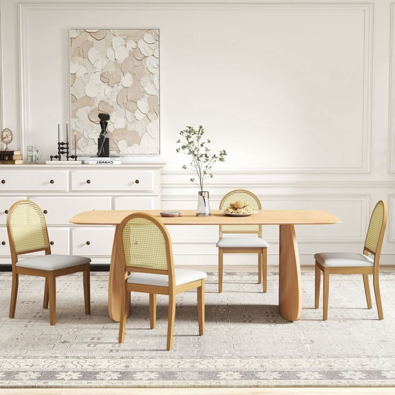 Dayalane Farmhouse Rattan Backrest Dining Chairs Set of 4, Modern Off-white Velvet Upholstered Kitchen Chairs Solid Wood Side Chairs for Kitchen Dining Room Living Room, Nature