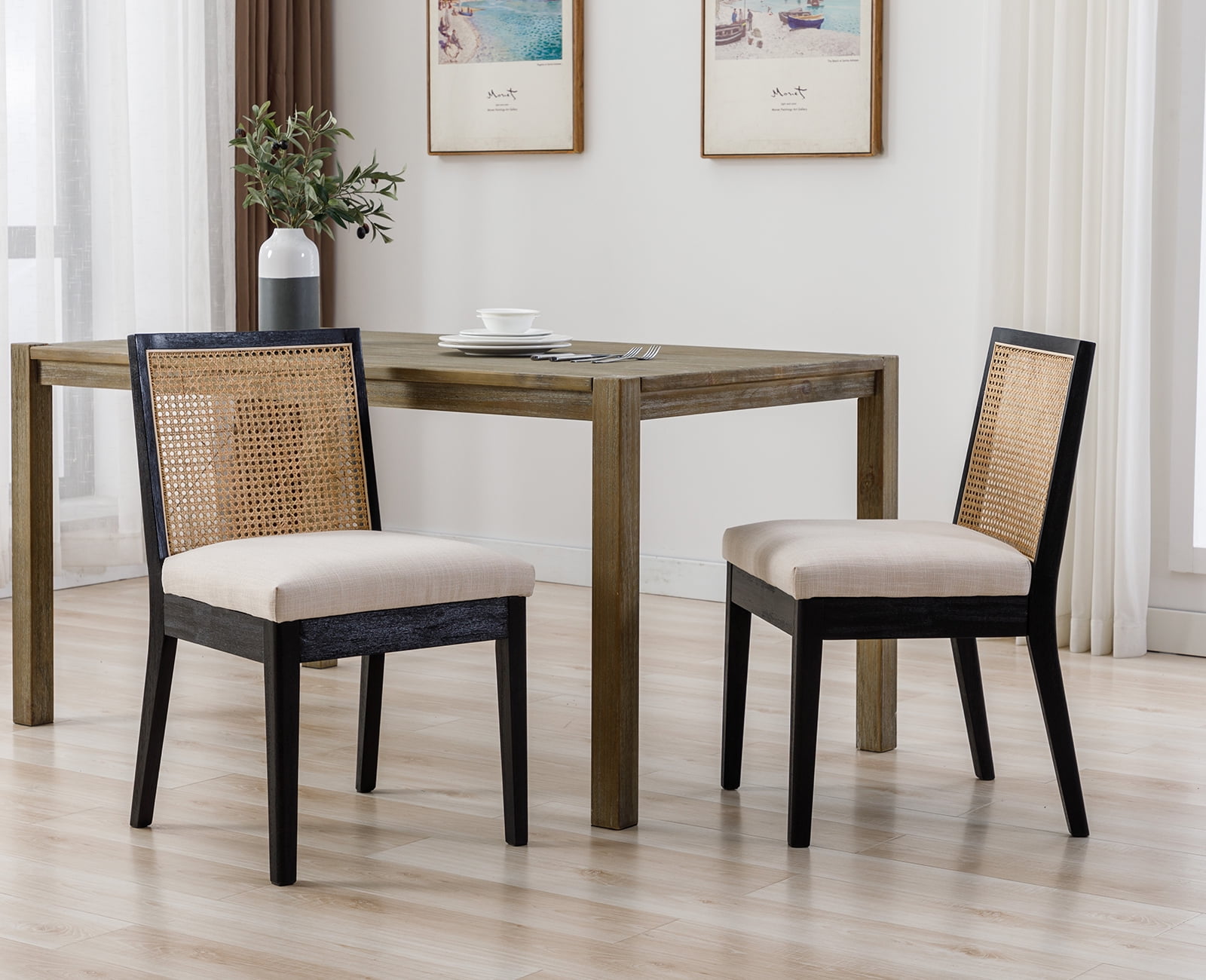 Dayalane Farmhouse Rattan Dining Chairs Set of 2, Mid Century Modern Dining Side Chairs with Black Hardwood Frame, Linen Upholstered French Country Kitchen Chairs for Dining Room Bistro, Beige