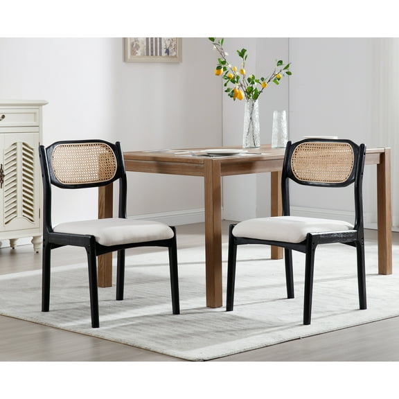 Dayalane Farmhouse Rattan Dining Chairs Set of 2, Mid Century Modern Dining Side Chairs, Linen Upholstered French Country Kitchen Chairs with Hardwood Frame for Dining Room Kitchen, Beige