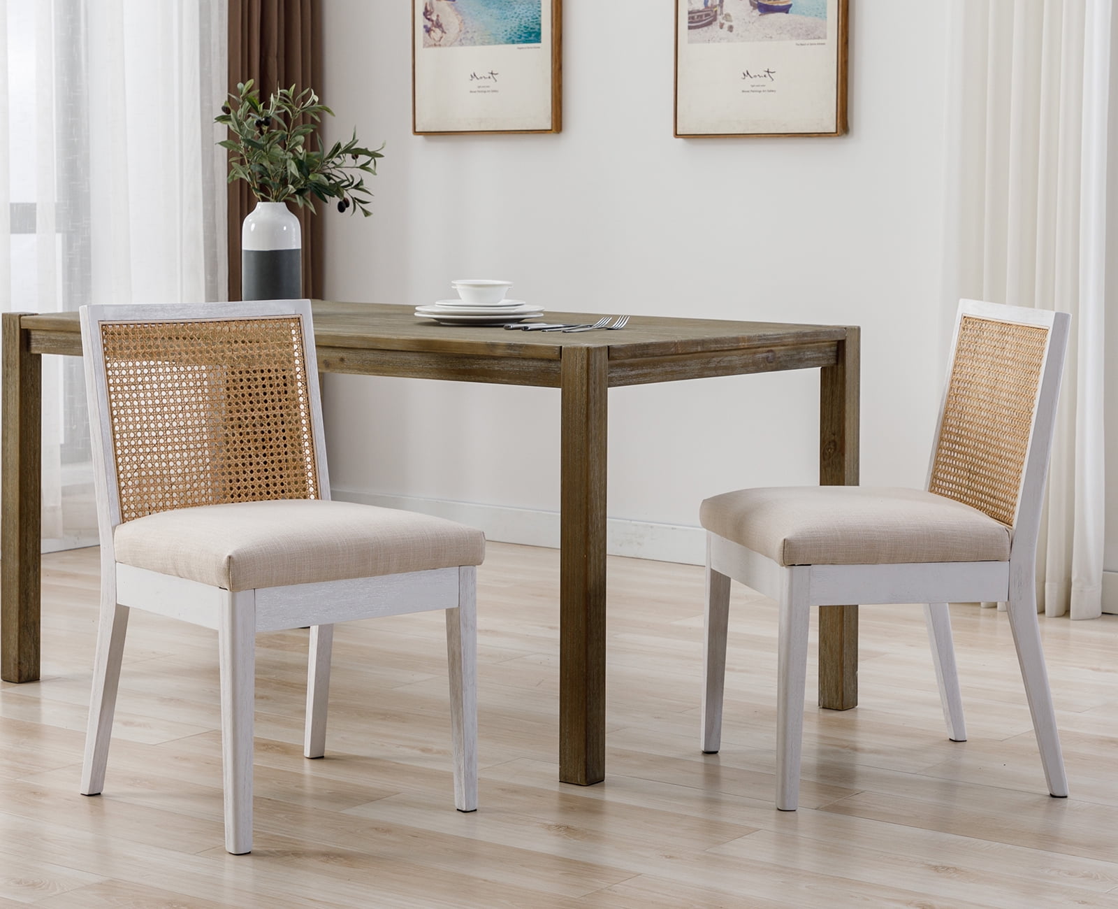 Dayalane Farmhouse Rattan Dining Chairs Set of 2, Mid Century Modern Dining Side Chairs with White Hardwood Frame, Linen Upholstered French Country Kitchen Chairs for Dining Room Bistro, Beige