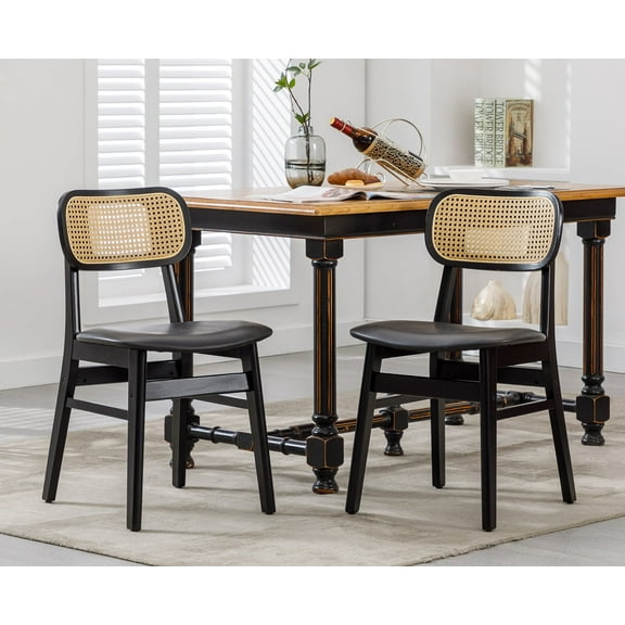 Dayalane Farmhouse Rattan Dining Chairs Set of 2, Mid Century Modern Kitchen Chairs, Faux Leather Cushioned Wooden Side Chairs with Wicker Curved Back for Dining Room Kitchen Lounge, Black