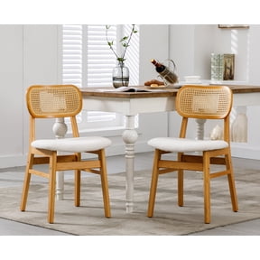 Dayalane Farmhouse Rattan Dining Chairs Set of 2, Mid Century Modern Kitchen Chairs, Sherpa Cushioned Wooden Side Chairs with Wicker Curved Back for Dining Room Kitchen Lounge, White