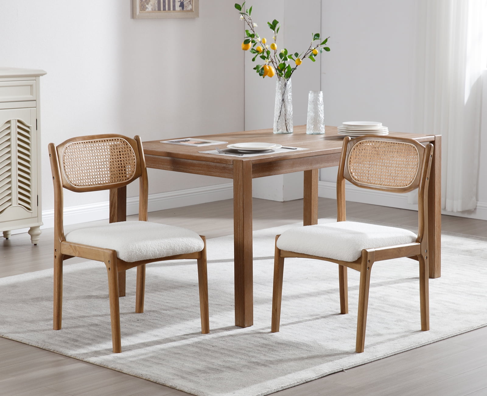 EALSON Hardwood Upholstered Dining Arm Chairs Set of 2 1942 Rattan Back Linen Beige Natural Wood Legs