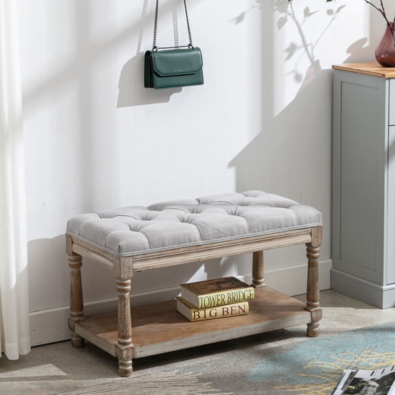 Dayalane Farmhouse Storage Bench, Button Tufted Linen Upholstered Entryway Bench with Shoe Storage, Solid Wood Ottoman for Bedroom, Hallway, Small Spaces, Grey