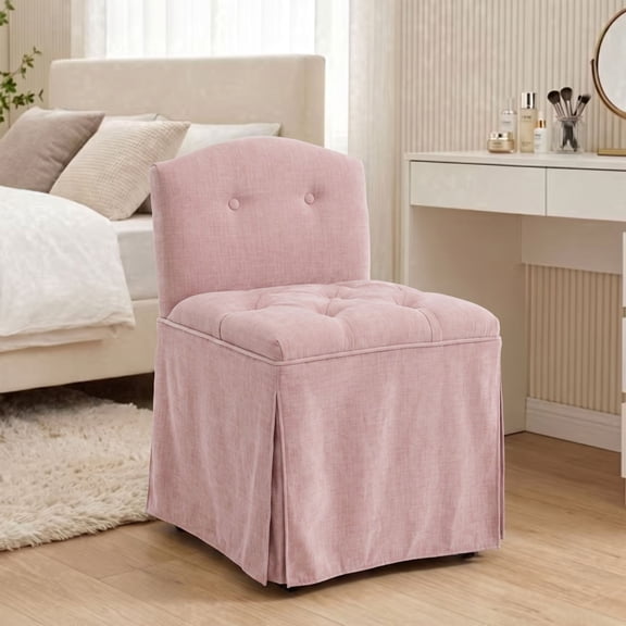Dayalane Farmhouse Tufted Vanity Chair with Wheels, Linen Upholstered Skirted Slipper Accent Chair with Low Back & Metal Legs, Armless Rolling Desk Stool for Living Bedroom,Pink