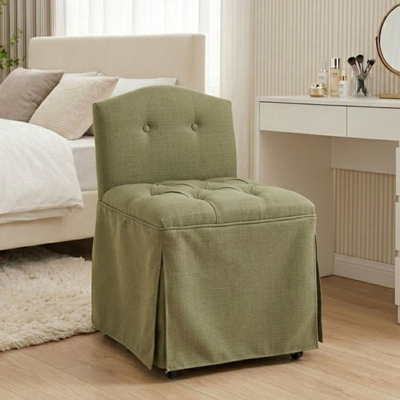 Dayalane Farmhouse Tufted Vanity Chair with Wheels, Linen Upholstered Skirted Slipper Makeup Accent Chair with Low Back & Metal Legs, Armless Rolling Desk Stool for Living Dining Bedroom,Green